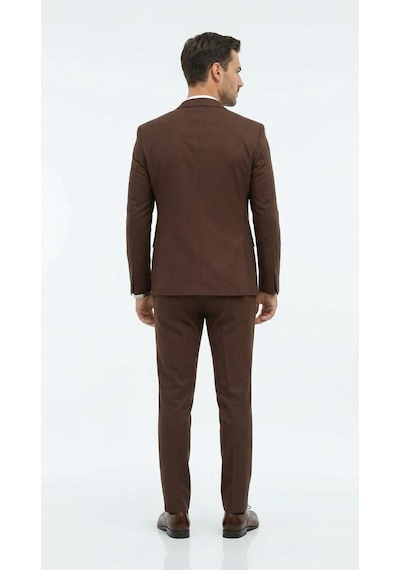 Erkek Slim Fit Mikro Dokulu Takım Elbise Çift Düğmeli Modern Kesim Kahverengi