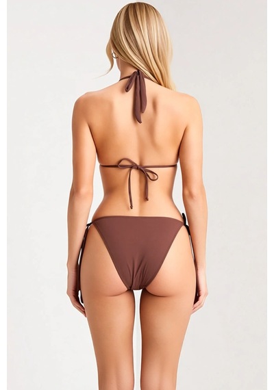 Benerly Kadın Bikini Takımı Üçgen Kap Normal Bel Kolsuz Slip Alt Düz Dese Kahverengi