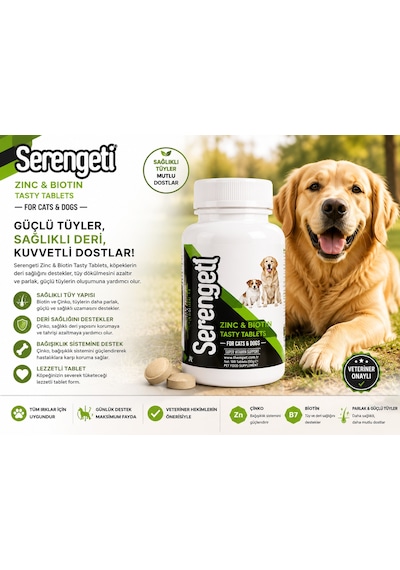 Serengeti Zinc & Biotin Tasty Tablets Kedi Köpek Tüy Ve Deri Sağlığı 100 Tablet 50 Gr