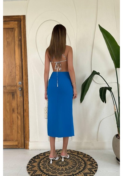 Alemdarshop Mavi Yırtmaçlı Etek