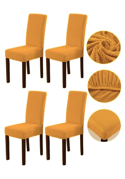 Bambu Nano Kumaş Likralı Lastikli Sandalye Kılıfı Yıkanabilir Esnek Sandalye Örtüsü 4 Lü Set Hardal