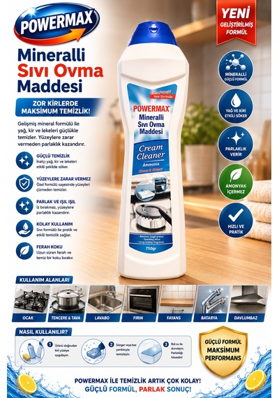 Powermax Mineralli Sıvı Ovma Maddesi 750 Gr X3 Set Çok Amaçlı Yüzey Temizleyici
