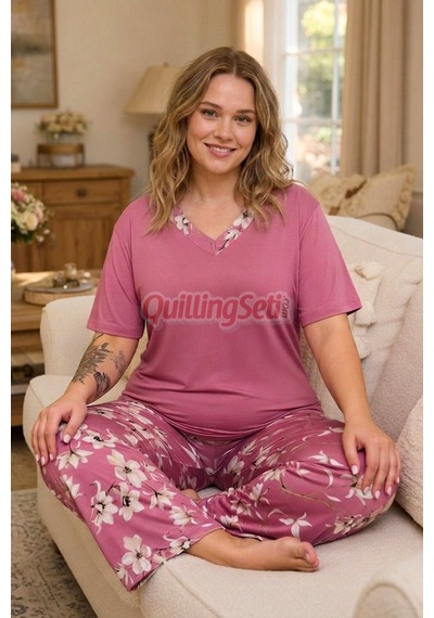 Lady Pembe Renk, Çiçek Desenli 11060 Kısa Kol Kadın Büyük Beden Anne Pijama Takımı
