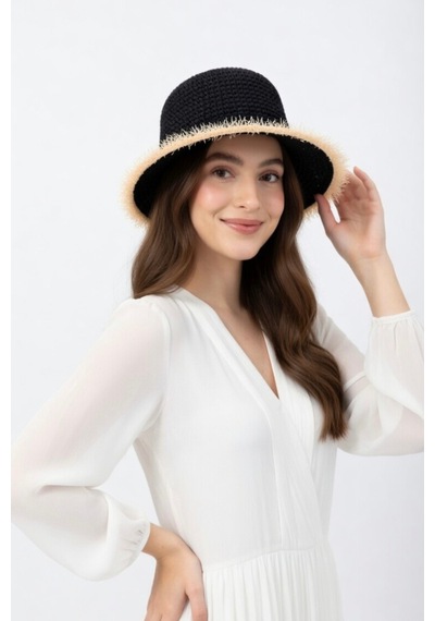 Mollycrush Yazlık Hediye Hasır Saman Detaylı Siyah Şapka Güneş Koruyucu Bucket Model Siyah