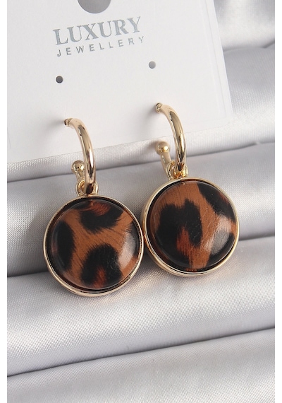 Pirinç Gold Renk Leopar Desenli Daire Model Kadın Küpe Çok Renkli