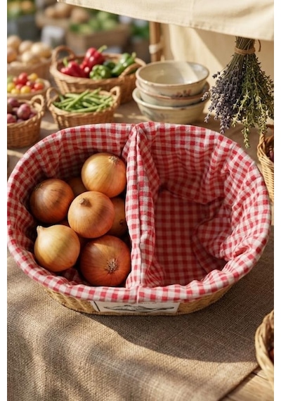 Atbyhome Oval Rattan Hasır Patates Soğan Çift Bölmeli Sepet Düzenleyici Organizer Kahverengi