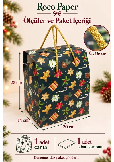 Yılbaşı Temalı Hediye Çantası - 1 Adet, 20x14x25 Cm, Kış Bahçesi Baskılı Karton Hediye Poşeti