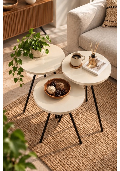 Sulorahome 3'lü Yuvarlak Zigon Sehpa Takımı Krem Ve Siyah Krem Beyaz