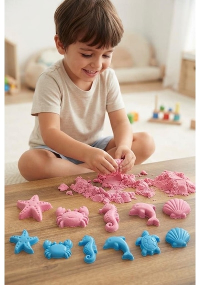 6 Kalıp Hediyeli Kinetik Oyun Kumu Kolay Temizlenen Parlak Kurumayan Güvenli Eğitici Oyuncak Kum Pembe