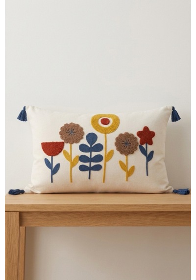 Çiçek Bahçesi Renkli Botanik Punch Nakışlı Püsküllü Pamuk Kırlent Kılıfı 35x55 Cm Mavi