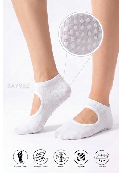 Saysez Bambu Kadın Kaydırmaz Taban Silikon Baskı Pilates Yoga Fitness Dans Aktivite Patik Çorabı Üstü Açık Model Beyaz