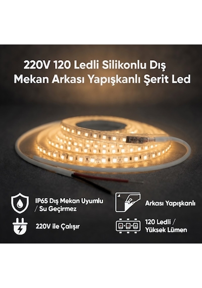 220v 120 Led Dış Mekan Şerit Led Gün Işığı Işık Arkası Yapışkanlı Suya Dayanıklı Dekoratif Aydınlatma 5 metre