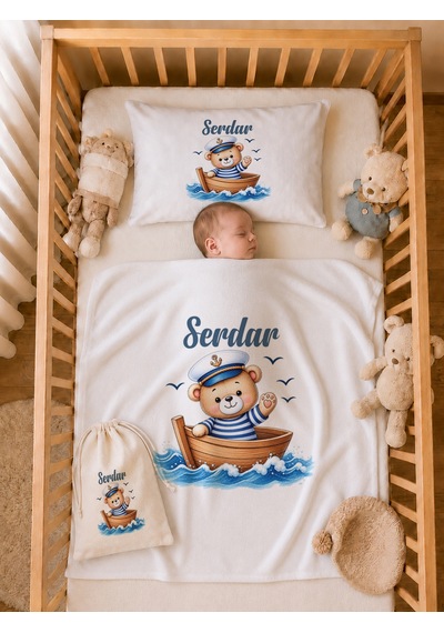 Pia Baby İsme Özel %100 Pamuk Erkek Bebek Yastık Battaniyeli Tulum Set Kese Hediyeli 1102tybk0x Krem