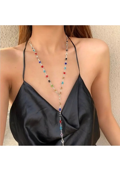 Ervanur Gümüş Kaplama Renkli Taşlı Y Model Kadın Kolye 80 Cm Gümüş
