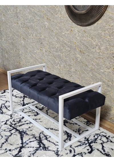 Zafir Beyaz Boyalı Metal 80 Cm Puf Bench - Antre Puf - Hol Bench - Puf - Oturak - Bench Füme
