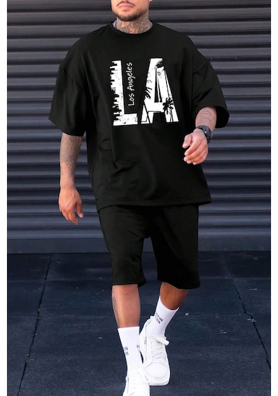 Uyguntarz Unisex Los Angles Baskılı Şort Takım Siyah