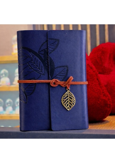 Lacivert Deri Yaprak Desenli Defter