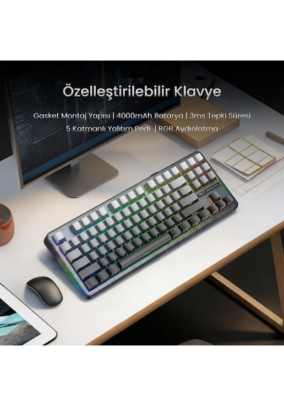 Aula F87 Pro Mekanik Rgb Tkl Graywood V4 Switch Kablosuz Makrolu Hot Swap Klavye Gradyan Gri