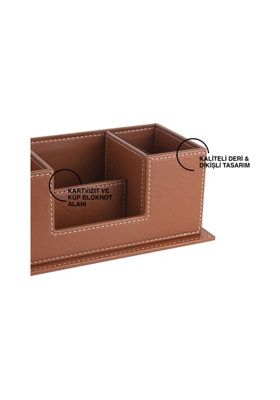 Masaüstü Deri Organizer Kalemlik 4 Gözlü Desktop Organizer Rainbow Vegan 10x12x25 Cm. Taba
