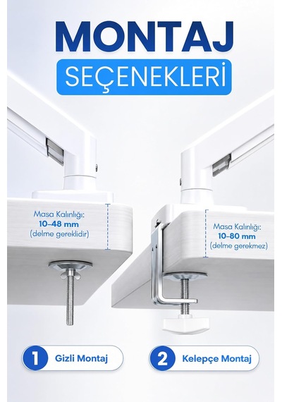 Tek Kollu Monitör Kolu Vesa Uyumlu Hareket Ayarlanabilir Monitör Standı 17-32 9kg Kapasite Beyaz