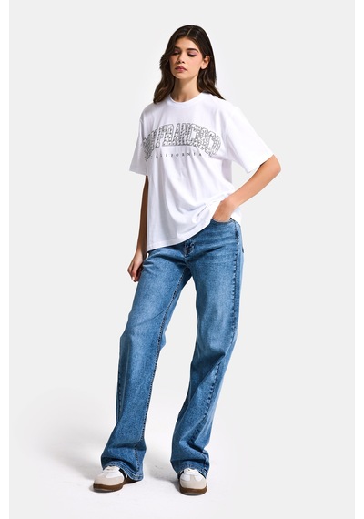 Itsbasic Kadın Beyaz S6-2 Oversize Özel Parlak Taşlı Sloganlı Bol Kesim T-shirt