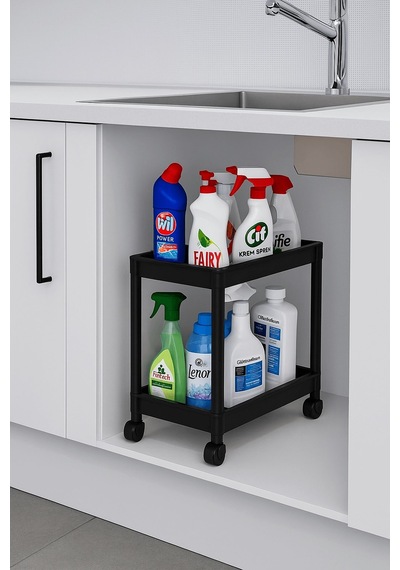Flex Elite Pro 2 Katlı Siyah Tekerlekli Çok Amaçlı Banyo & Mutfak Düzenleyici Raf Evye Altı Deterjanlık Siyah