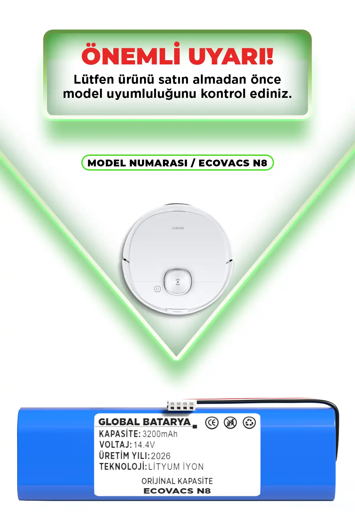 Ecovacs Deebot N8 Uyumlu Robot Süpürge Batarya 14.4v 3200mah Li-ion Pil  Kapasite
