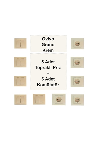 Ovivo Grano Krem 5 Adet Topraklı Priz + 5 Adet Komütatör