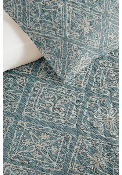 Mavi Etnik Geometrik Tek Kişilik Pike Takımı - Bohem Turkuaz Beyaz 160x220 Cm Mevsimlik Yatak Örtüsü Mat Yosun Serinliği