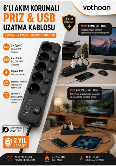 Akım Korumalı 5 Li Priz 2xusb 2xtype-c Çıkış Akım Koruma Çoklu Priz Çoğaltıcı Anahtarlı Ftr-31 Siyah 0-2