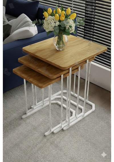 Sakura 3'lü Metal Gümüş Atlantik Mdf Kare Zigon Sehpa Takımı Orta Sehpa Yan Sehpa Kahverengi