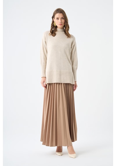 Mizalle Basic Örme Pliseli Krep Bej Etek 001