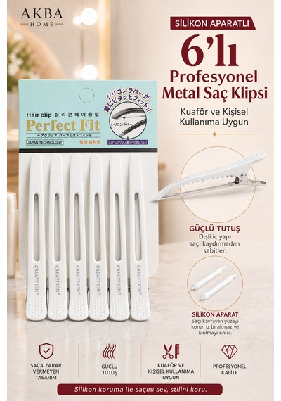 6 Lı Profesyonel Metal Saç Klipsi Seti Silikon Aparatlı Saç Ayırma Ve Şekillendirme Kuaför Klipsi Beyaz