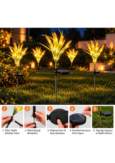 1 Adet Güneş Enerjili Buğday Başak Solar Bahçe Lambası, Sensörlü Sıcak Sarı Led, Dış Mekan Çim Yol Peyzaj Aydınlatması, Slrs202
