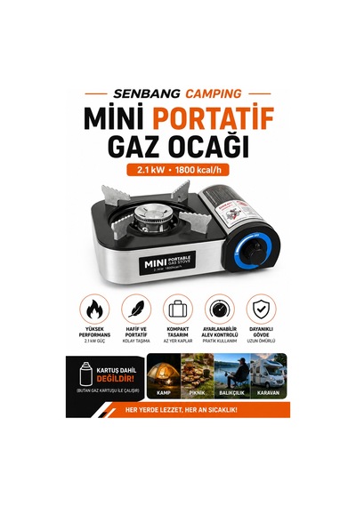 Senbang Camping Mini Portatif Gaz Ocağı 2.1 Kw Butan Kartuşlu Kamp Ocağı, Taşıma Çantalı Kompakt Piknik Ocağı Gri
