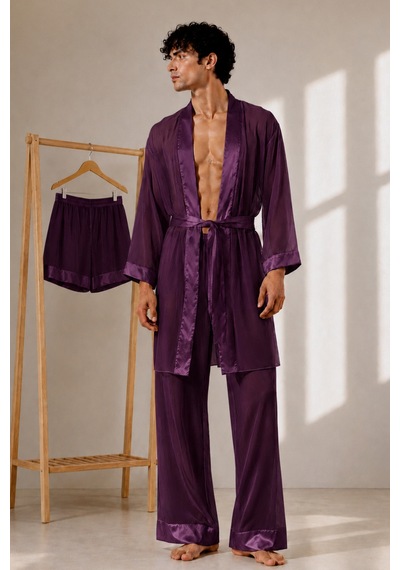 Qmen Style Erkek Şifon Kimono- Pijama - Şort Seti Mor