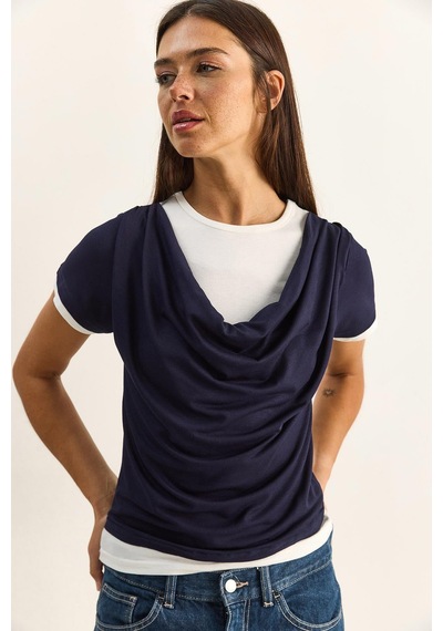 Shade Kadın Çift Kat Görünümlü Degaje Yaka Kısa Kol T-shirt 6140 60286132 - Lacivert