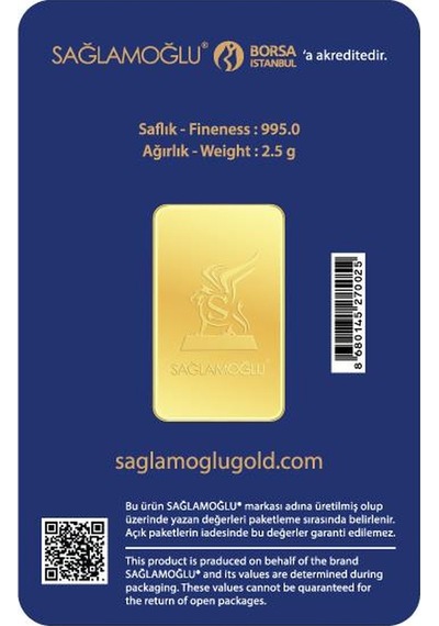 2,5 Gram Külçe Altın 24 Ayar 995,0 / 999,9 Saflık Rafineri Ambalajlı, Seri Numaralı