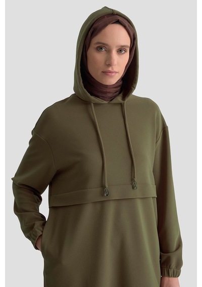 Armine Trend Kapüşonlu Yandan Cepli Kolları Lastikli Fitilli Tunik Haki 25kt462 Haki