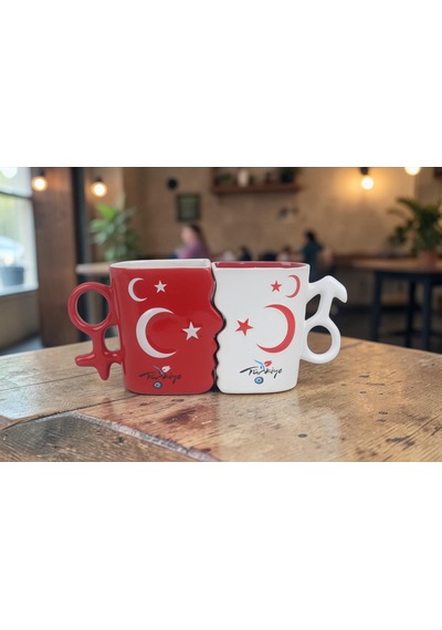 Ay Yıldız Ruh İkizi Tasarımlı Türk Bayraklı 2li Porselen Kupa Fincan Seti 250 Ml Büyük Boy Kırmızı - Beyaz
