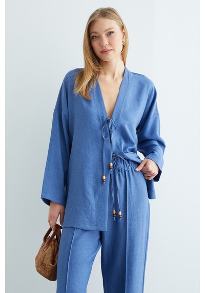 Fullamoda Önü Bağlamalı Keten Kimono 2 Li Takım İndigo
