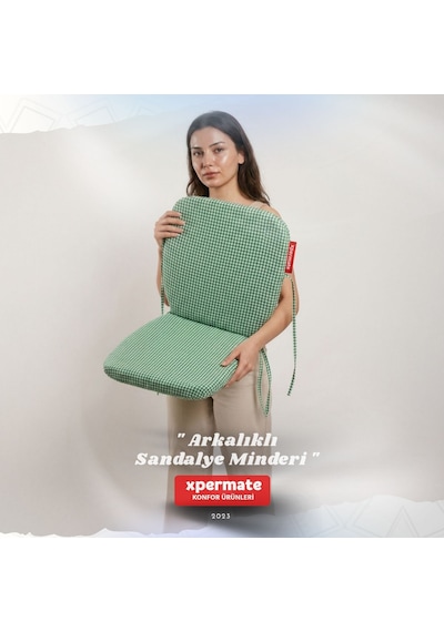 Pötikare Sırtlıklı Sandalye Minderi 42x42 Fermuarlı Yıkanabilir Kılıf Bağcıklı Minder Standart Fit Yeşil