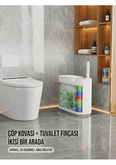 Kartuşlu Tuvalet Fırçası Ve Çöp Kovası Seti 2'si 1 Arada Dokunmatik Kapaklı Hijyenik Wc Banyo Temi Beyaz