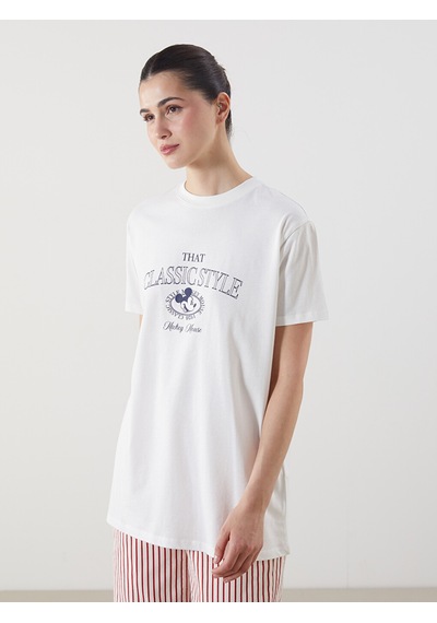 Lcw Modest Beyaz Mickey Mouse Baskılı Oversize %100 Pamuklu Kadın Tişört