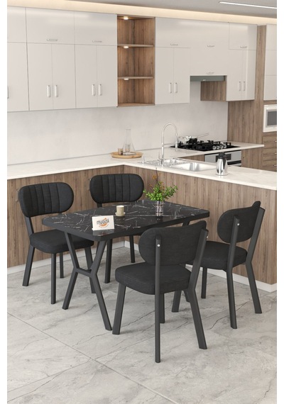 Gnr 70x110cm Sabit Siyah Mutfak Masası Takımı, Yemek Masası, 4 Modern Siyah Sandalye Siyah