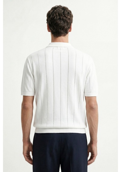 Antioch Fermuar Yaka Çizgili Triko Erkek T-shirt Beyaz
