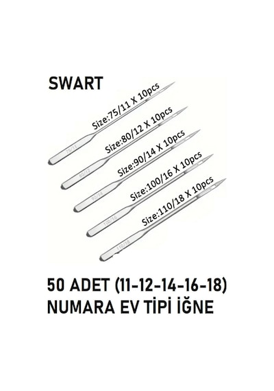 Swart Singer Zetina Uyumlu Dikiş Makine Iğnesi 11-12-14-16-18 Numara -50 Adet Iğne 5 Paket Genel