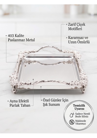 Sora Kare Aynalı Söz Nişan Ve Kız İsteme Tepsisi - Gümüş Renk Çiçek Motifli Sunum Tepsisi