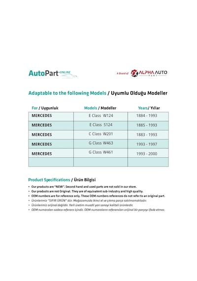 Mercedes E Class W124,S124,C Class W201 için Enjektör Borusu Seti