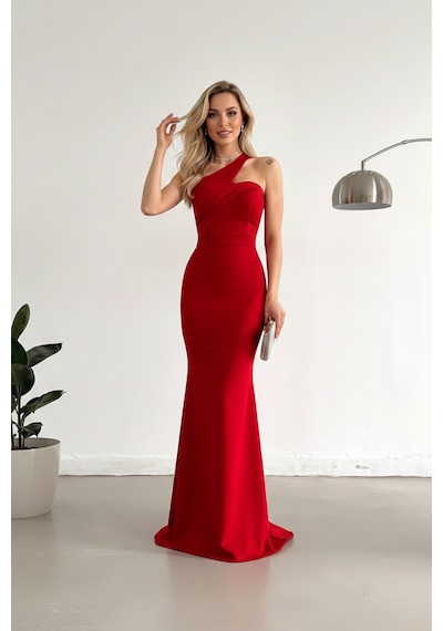 Defymoda Kadın Vücudu Saran Scuba Kumaş Tasarım Kırmızı